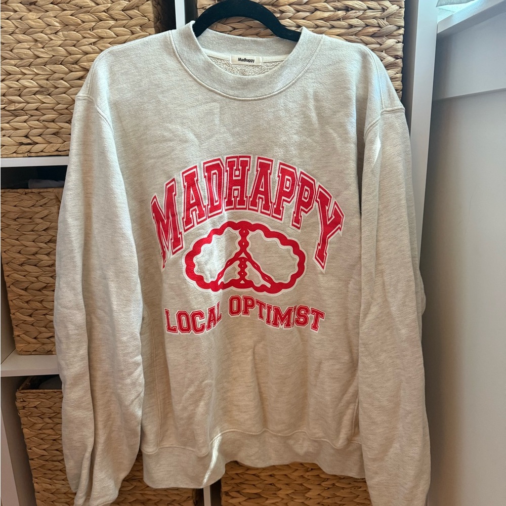 Madhappy Cream Crewneck Sweatshirt with Red Logo